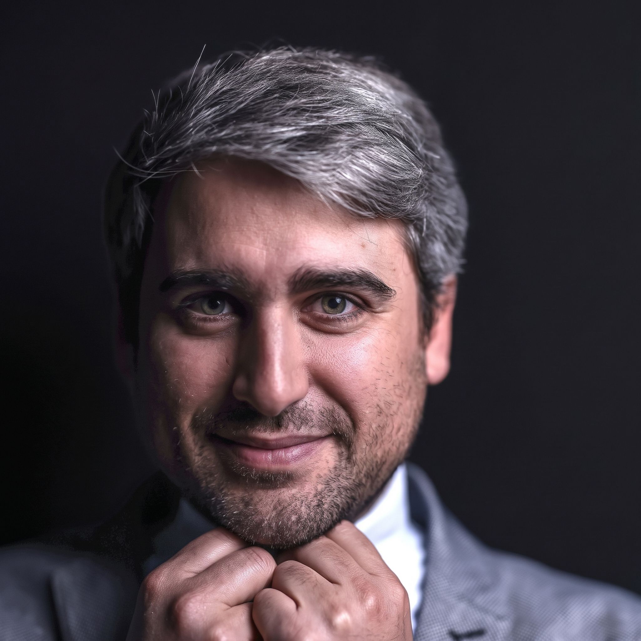 Portrait of Guillaume Jerke in a grey suit, against a dark background
